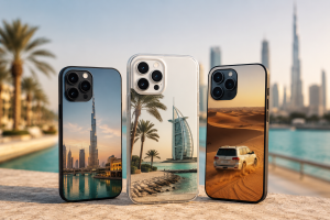 Custom phone cases with UAE-inspired designs featuring Dubai skyline, Burj Khalifa, Burj Al Arab, and desert scenery displayed on modern smartphones.