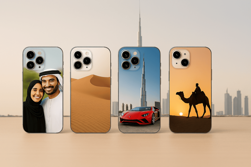Custom iPhone cases with personalized photos and UAE-themed backgrounds including desert dunes, Burj Khalifa skyline, luxury car, and camel scene
