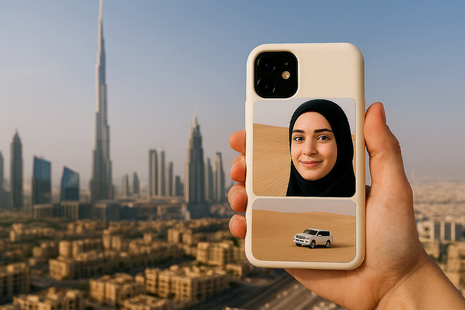 Custom phone case with UAE skyline background, portrait image, and desert safari design